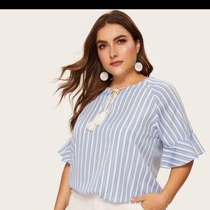 Flounced Sleeve Knot Striped Blouse